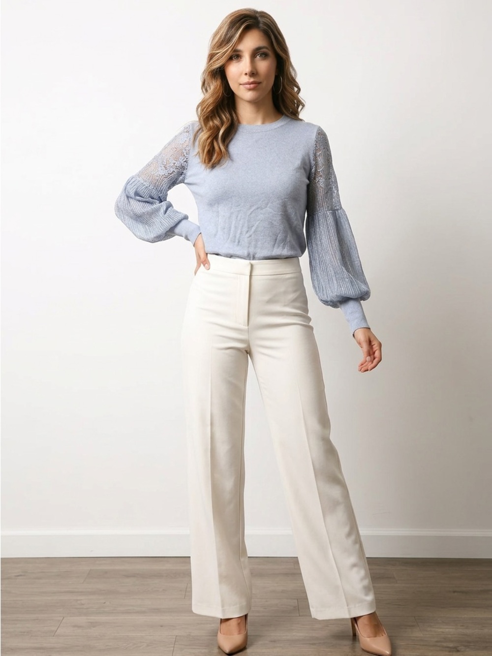 Light Blue Lace Sleeve Pullover Blouse